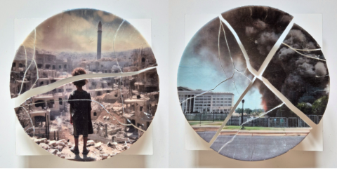 Michael HuM-ART Sardelic,  "Es ist angerichtet",2024, Transferdruck auf Porzellan, Alu-Dibond, je 20 x 20 cm